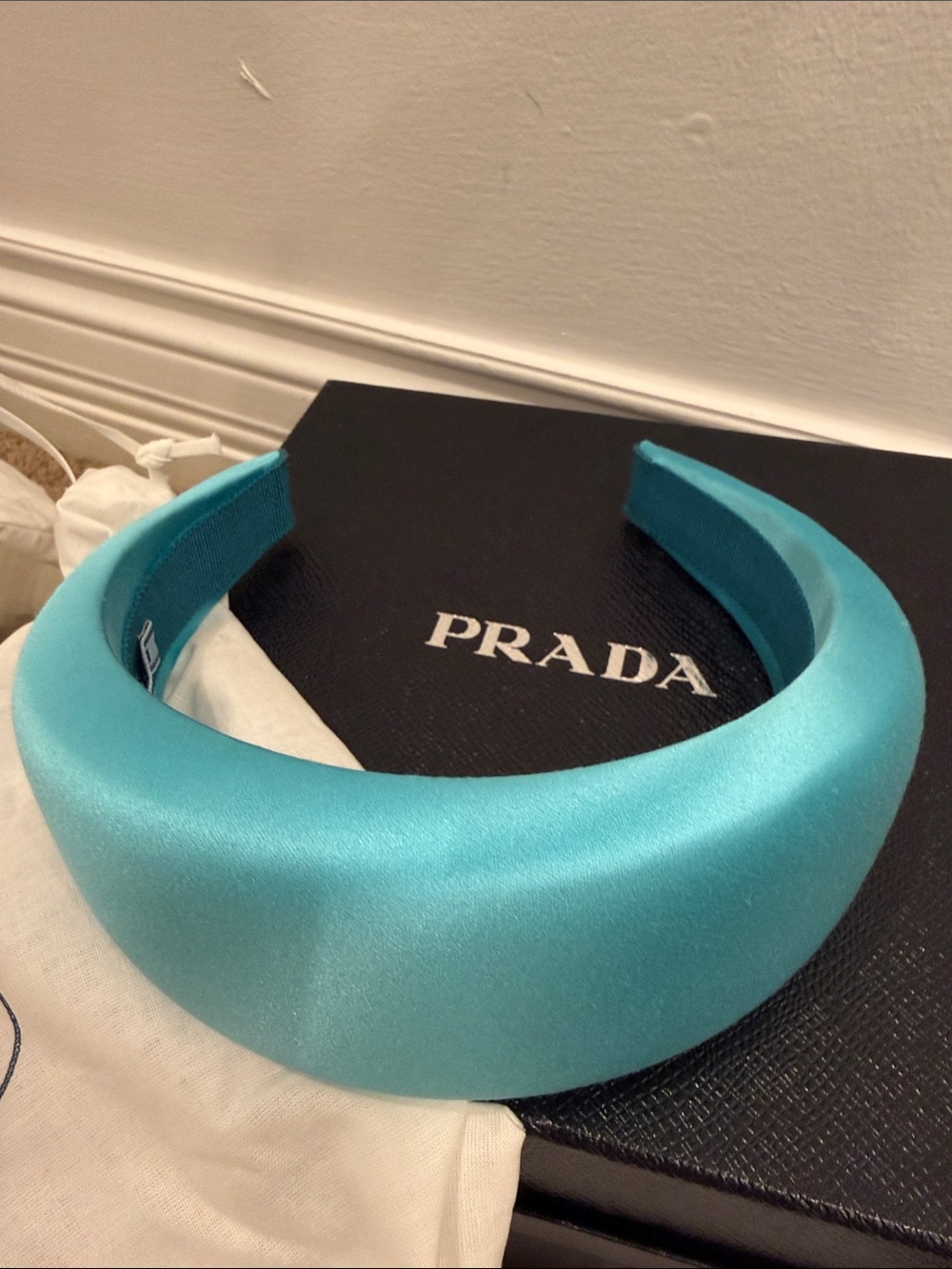 Rare Limited Edition Prada Turquoise Silk Satin Padded Headband NIB Box Dust Bag